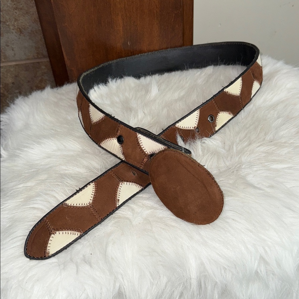 Two Tone Suede Patchwork Belt Unique Fun Rare Sta… - image 1